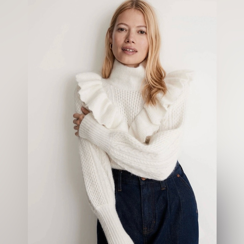 Madewell Zanzibar Womens Medium Wool Alpaca Ruffle Turtleneck Sweater White NWT